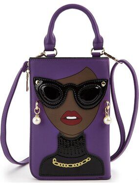 Women BrownPurple Novelty Lady Face PU Leather ShoulderBag Handle Satchel Clutch